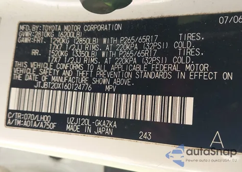 2006 Lexus Gx 470 из США, поврежденный, VIN JTJBT20X160124776